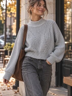 Twik Grey Chunky Knit Mock Neck Cropped Sweater XS